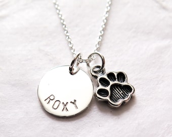 Personalized Paw Print Necklace in Sterling Silver, Pet Memorial Jewelry, Dog's Name Charm, Dog or Cat Lover Gift