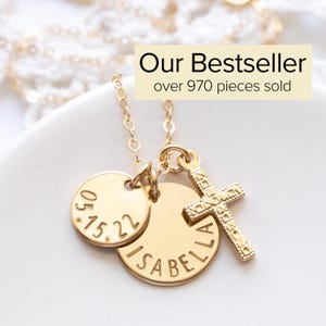 Personalized Cross Necklace, Gold Filled, Hand Stamped Name & Date Charms