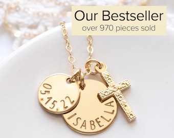 Personalized Cross Necklace, Gold Filled, Hand Stamped Name & Date Charms