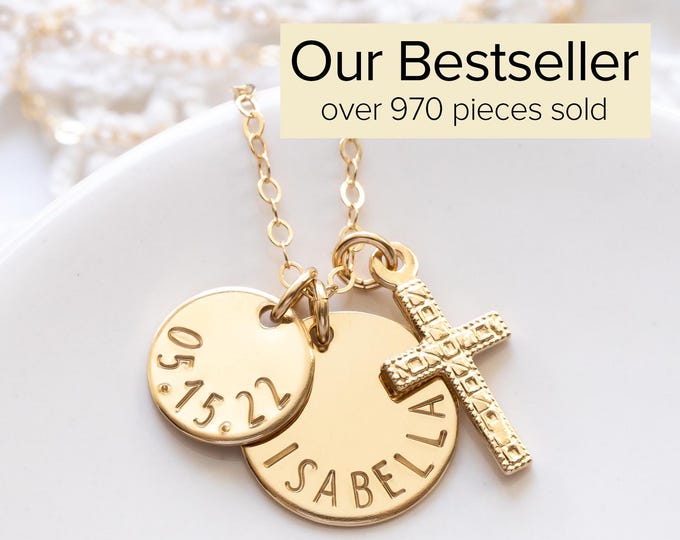 Personalized Cross Necklace, Gold Filled, Hand Stamped Name & Date Charms