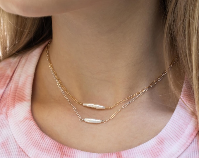 Dainty Stick Pearl Necklace in Sterling Silver or Gild Filled, Pearl Choker