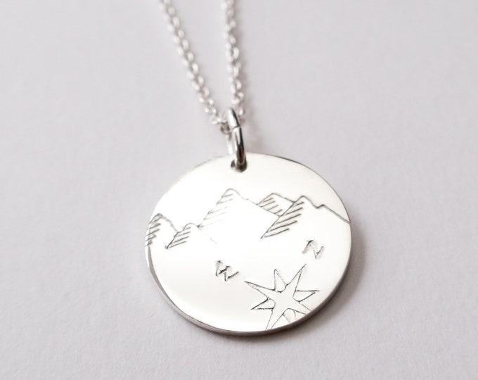 Mountain Necklace with Compass, Sterling Silver, Travel Jewelry, Wanderlust, Graduation Gift