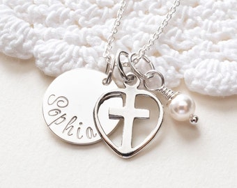 Personalized Cross in Heart Necklace, Sterling Silver, First Communion Gift for Girl