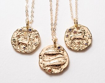 Zodiac Coin Necklace, Gold Filled, Zodiac Sign Necklace with Cubic Zirconias, Celestial Jewelry, Birthday Gift for Her