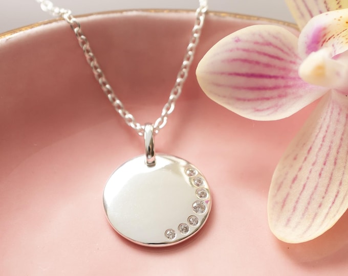 Medallion Necklace with 7 Cubic Zirconia Stones, Sterling Silver
