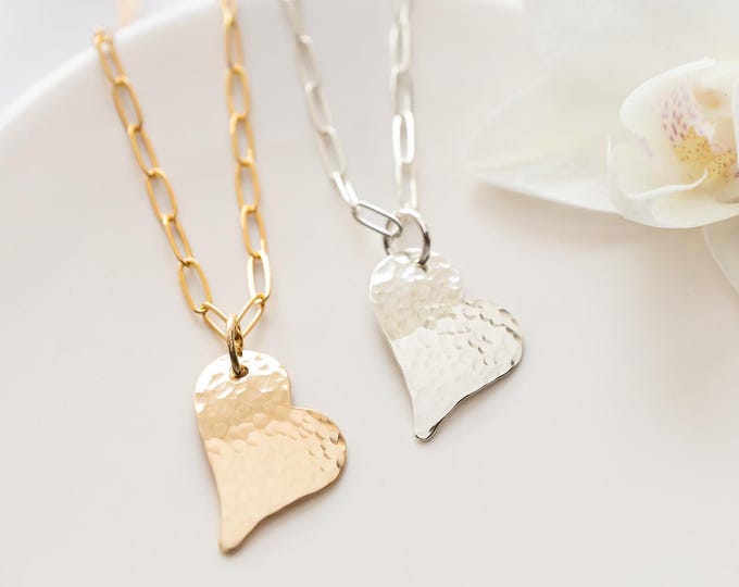 Hammered Heart Necklace, Sterling Silver or Gold Filled
