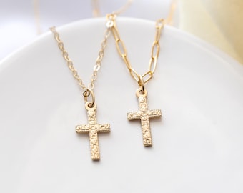 Dainty Cross Necklace in Gold Filled, Cable or Paperclip Chain