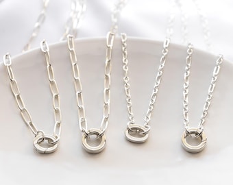 Charm Holder Necklace in Sterling Silver, Chunky Chain with Round Carabiner Clasp