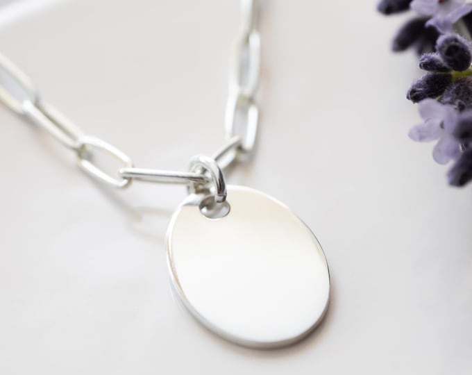 Chunky Paperclip Chain Necklace with Oval Pendant, Sterling Silver