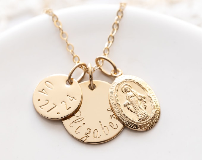 Personalized Miraculous Medallion Necklace, Gold Filled, First Communion Gift For Girl
