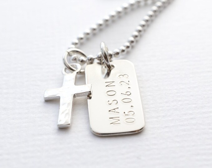 Religious Necklace for Boys, Sterling Silver, Cross and Tag Personalized with Name and Date