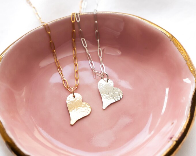 Hammered Heart Necklace, Sterling Silver or Gold Filled
