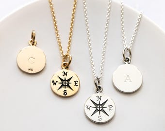 Small Personalized Compass Necklace, Sterling Silver or Gold Filled/Bronze