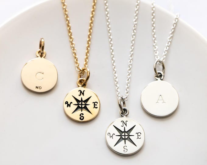 Small Personalized Compass Necklace, Sterling Silver or Gold Filled/Bronze