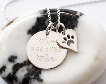 Who Rescued Who Necklace, Sterling Silver, Paw Print on Heart, Rescue Dog Mom, Pet Lover Gift, Pet Adoption Jewelry