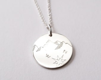 Mountains and Compass Necklace, Sterling Silver