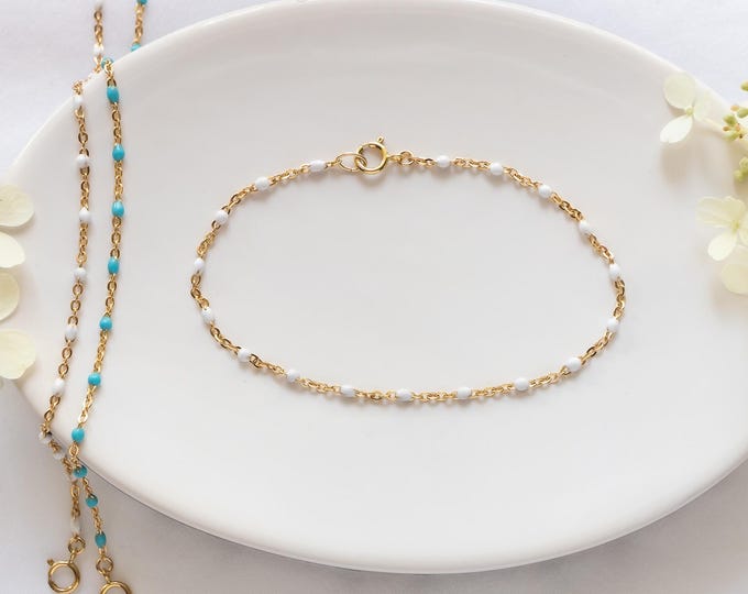Gold Filled Enamel Bead Bracelet, White or Turquoise