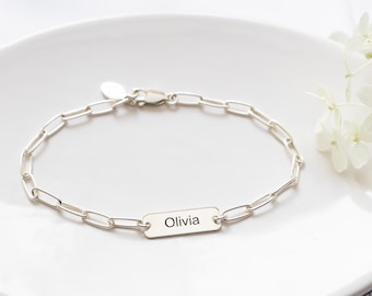 Personalized Paperclip Chain Bracelet, Sterling Silver, Custom Name Tag,  Adjustable Length