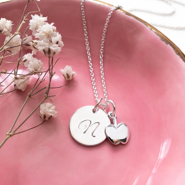 Personalized Teacher Necklace, Sterling Silver, Hand Stamped Initial and Apple Charm, End of the Year Teacher Appreciation Gift