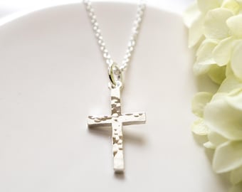 Sterling Silver Hammered Cross Necklace, Dainty Everyday Religious Jewelry