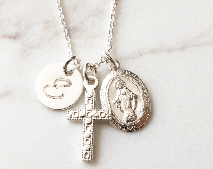 Personalized  Miraculous Medal and Cross Necklace, Sterling Silver