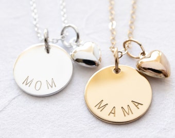 Dainty Mama Necklace with Heart Charm, Gold Filled or Sterling Silver