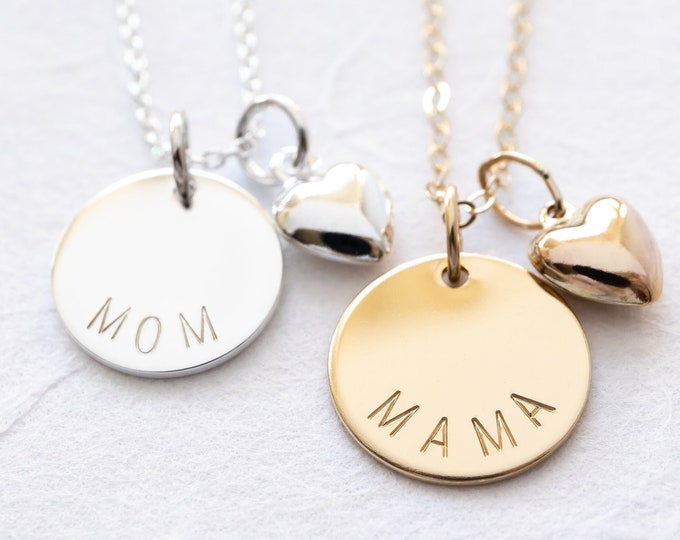 Dainty Mama Necklace with Heart Charm, Gold Filled or Sterling Silver