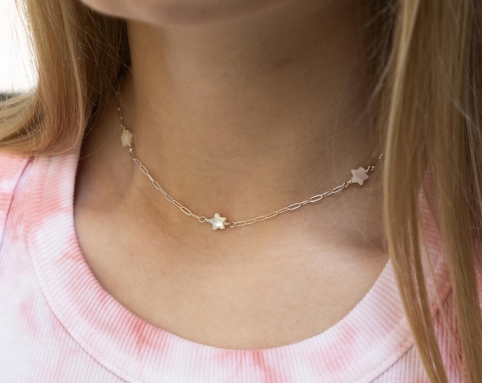 Dainty Star Necklace, Mother of Pearl Choker, Sterling Silver or Gold Filled, Gift for Her, Gift for Teen Girl, Everyday Summer Jewelry