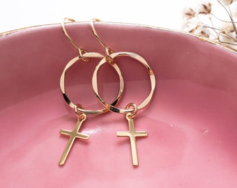 Cross Earrings in Gold Filled, Modern, Dainty, Cross Dangle Earrings for Her