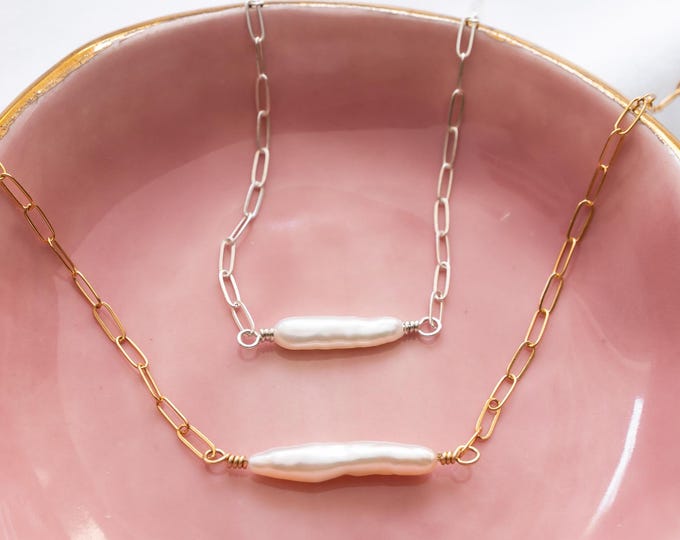 Dainty Stick Pearl Necklace in Sterling Silver or Gild Filled, Pearl Choker