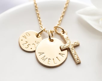 Personalized Cross Necklace, Gold Filled, Custom Name & Date Charms