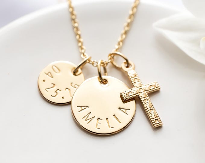 Personalized Cross Necklace, Gold Filled, Custom Name & Date Charms, First Communion Gift