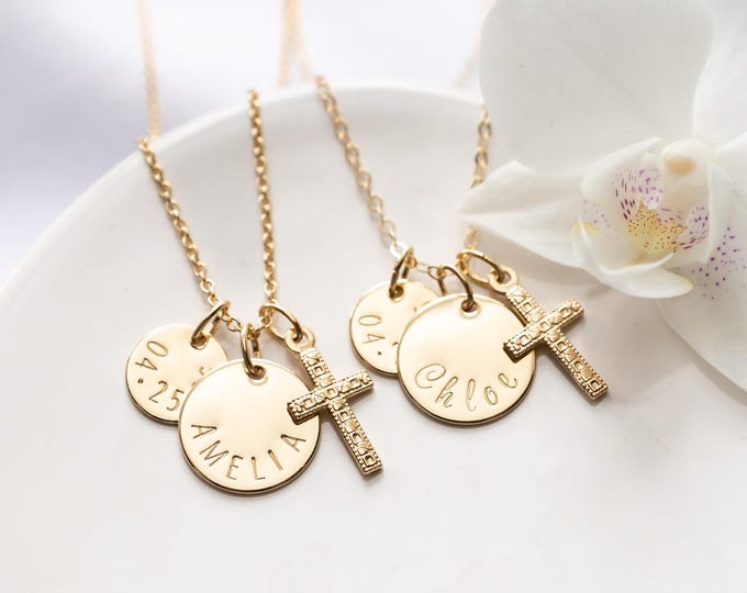 Personalized First Communion Necklace, Gold Filled, Cross with Name & Date Charms
