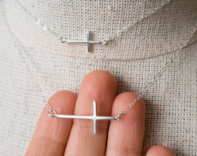 Sterling Silver Sideways Cross Necklace, Small OR Large