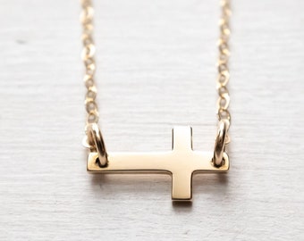 Tiny Sideways Cross Necklace, Gold Filled & Bronze