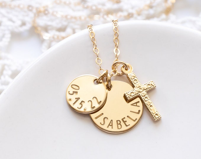 Cross Necklace Personalized with Name and Date Charms, Gold Filled, First Communion Necklace For Girl, Religious Jewelry