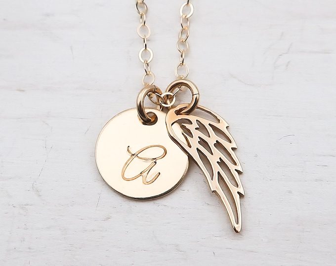 Angel Wing and Initial Charm Necklace, Gold Filled & Bronze, Personalized First Communion or Confirmation Gift for Girl