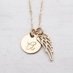 Personalized Remembrance Necklace, Angel Wing Necklace with Initial Charm, Gold Filled, Dainty, Baby Loss, Sympathy Bereavement Gift