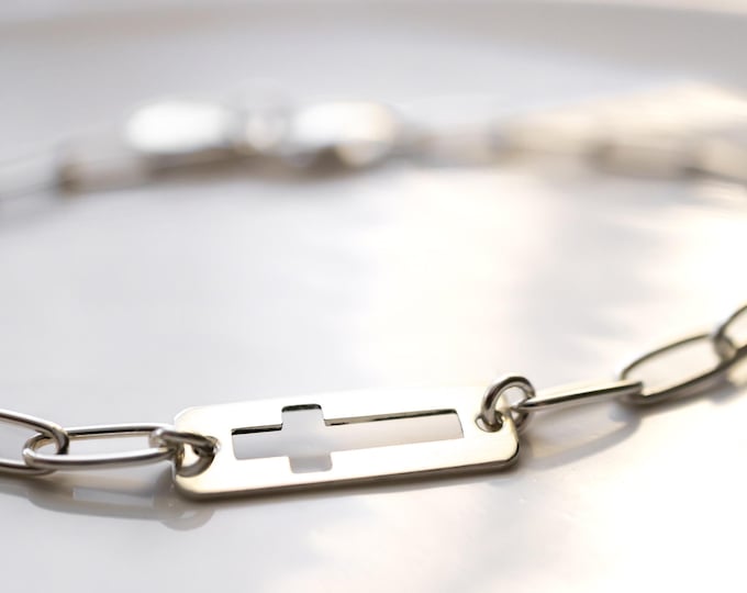 Sideway Cross Bracelet with Paperclip Chain, Sterling Silver, Adjustable Length