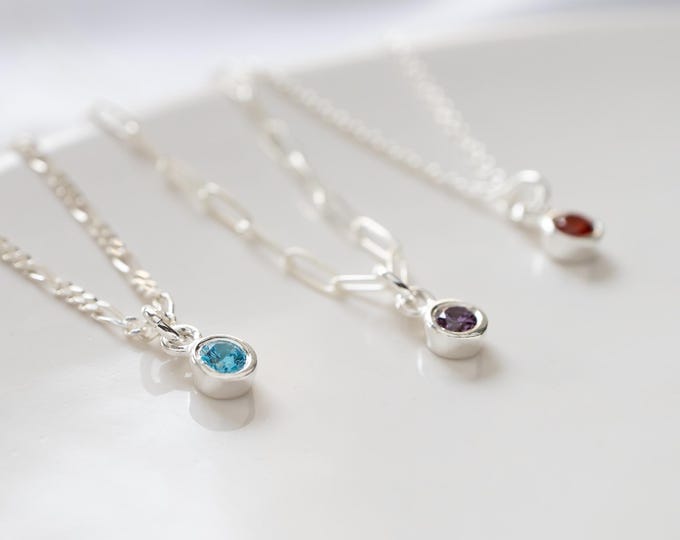 Tiny Birthstone Charm Necklace in Sterling Silver