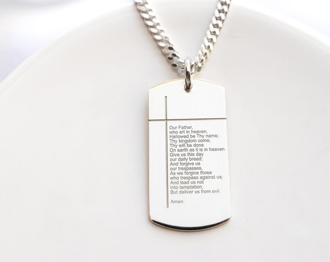 Our Father Prayer Necklace, Sterling Silver, Dog Tag Necklace for Men and Boys
