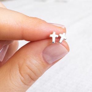 Tiny Cross Stud Earrings, Sterling Silver, Dainty Cross Studs, Gift for Her