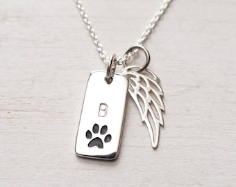 Personalized Dog Memorial Necklace, Sterling Silver, Hand stamped Initial, Cat Memorial, Pet Loss, Paw Print