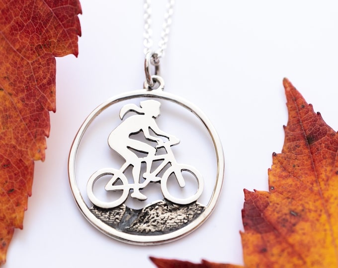 Biking Girl Necklace in Sterling Silver, Mountain Biker Girl Gift, Outdoor Adventure Jewelry