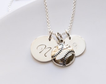 Personalized Softball Necklace for Her, Sterling Silver, Baseball Necklace, Initial and Player Number
