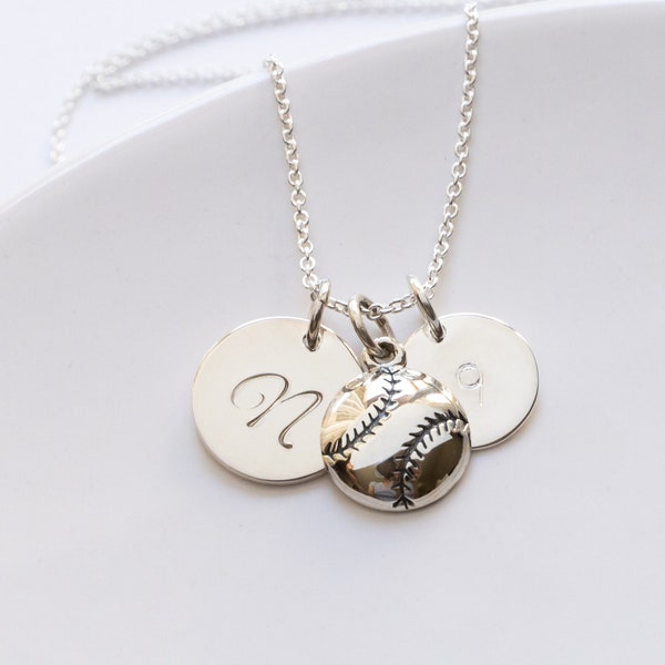 Personalized Softball Necklace for Her, Sterling Silver, Baseball Necklace, Initial and Player Number, Softball Team, Sport Jewelry