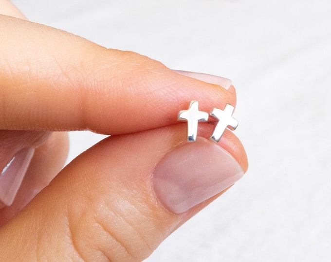 Tiny Cross Stud Earrings, Sterling Silver, Dainty Cross Studs, Gift for Her