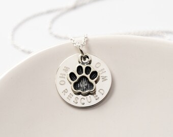 Sterling Silver Who Rescued Who Necklace with Paw Print Charm, Rescue Dog Mom, Dog Adoption Gift