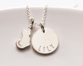 Sterling Silver Cat Necklace, Personalized with Cat's Name, Cat Lover Gift, Pet Memorial
