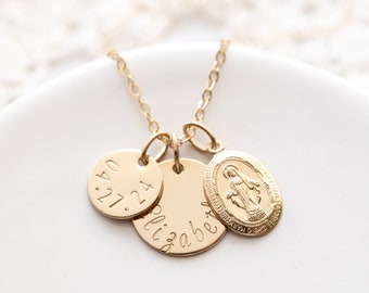 Miraculous Medallion Necklace Personalized with Name and Date Charms, Gold Filled, First Communion Necklace For Girl, Religious Jewelry